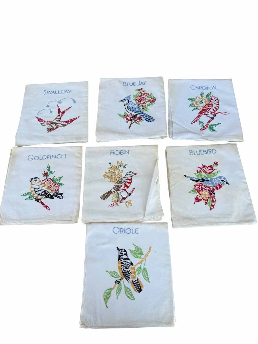 VTG 21-Piece Hand Embroidered Small Tablecloth Lot Kitschy Kittens Birds FLAWS